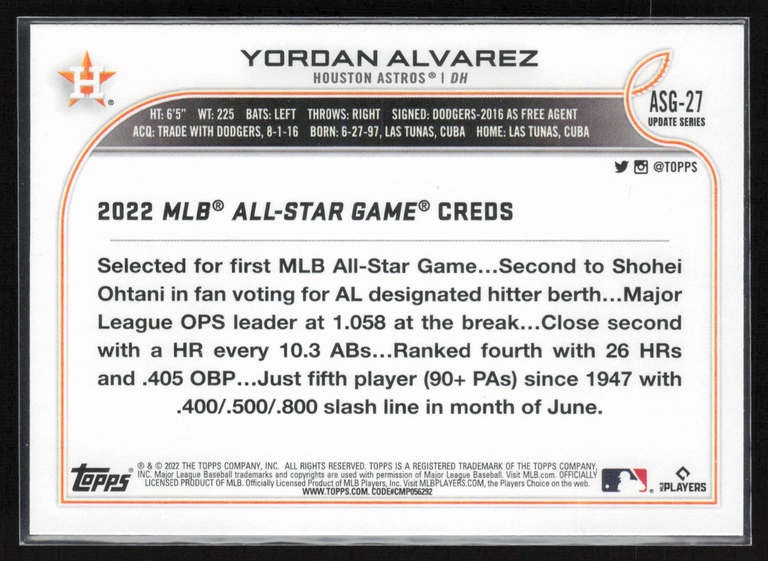 2022 Topps Update #ASG-27 Yordan Alvarez 2022 MLB All-Star Game Blue