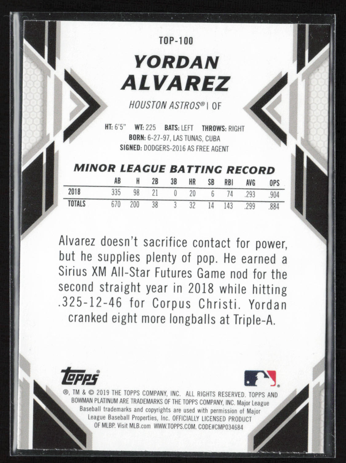 2019 Bowman Platinum #TOP-100 Yordan Alvarez Top Prospects