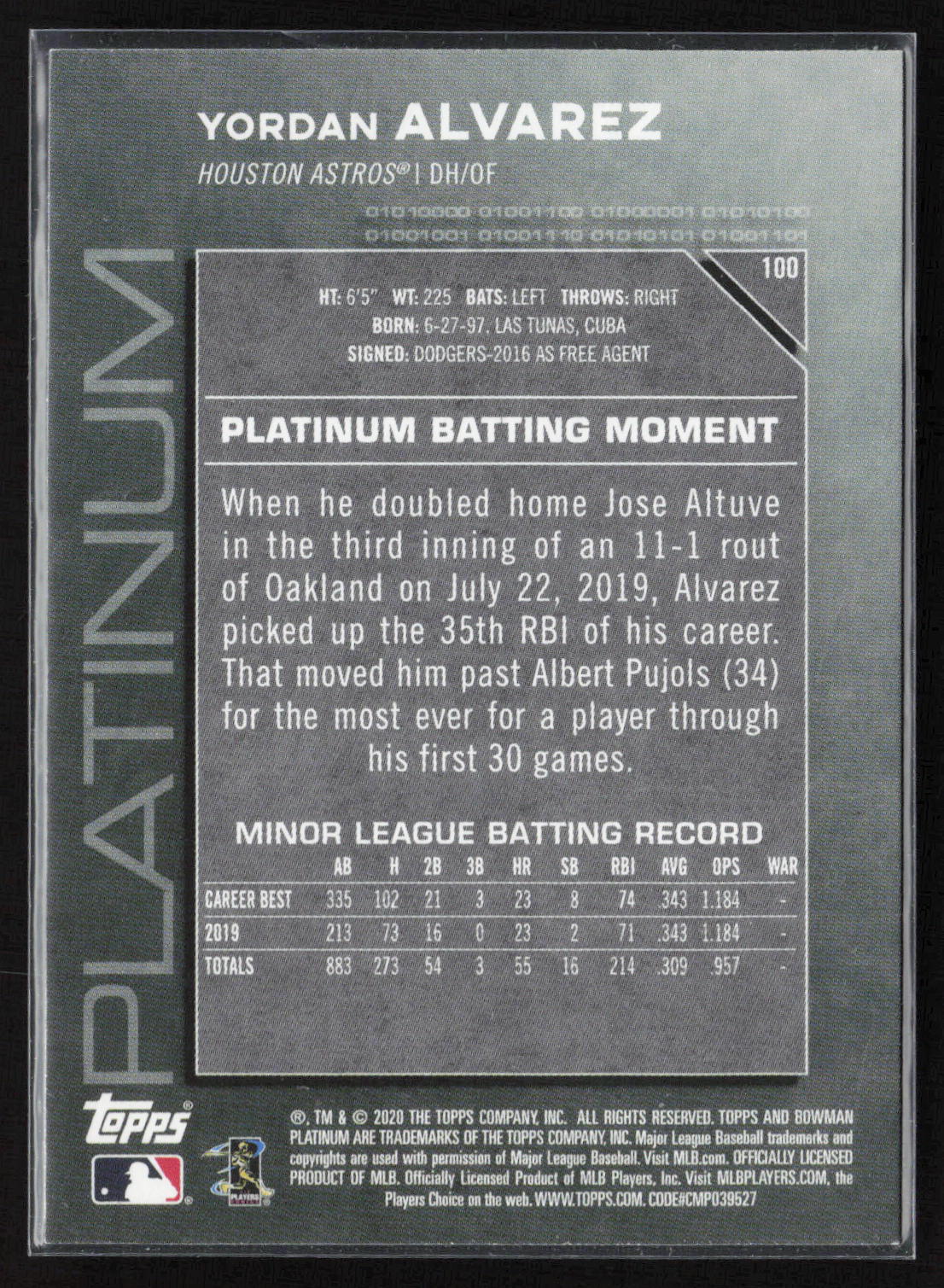 2020 Bowman Platinum #100 Yordan Alvarez