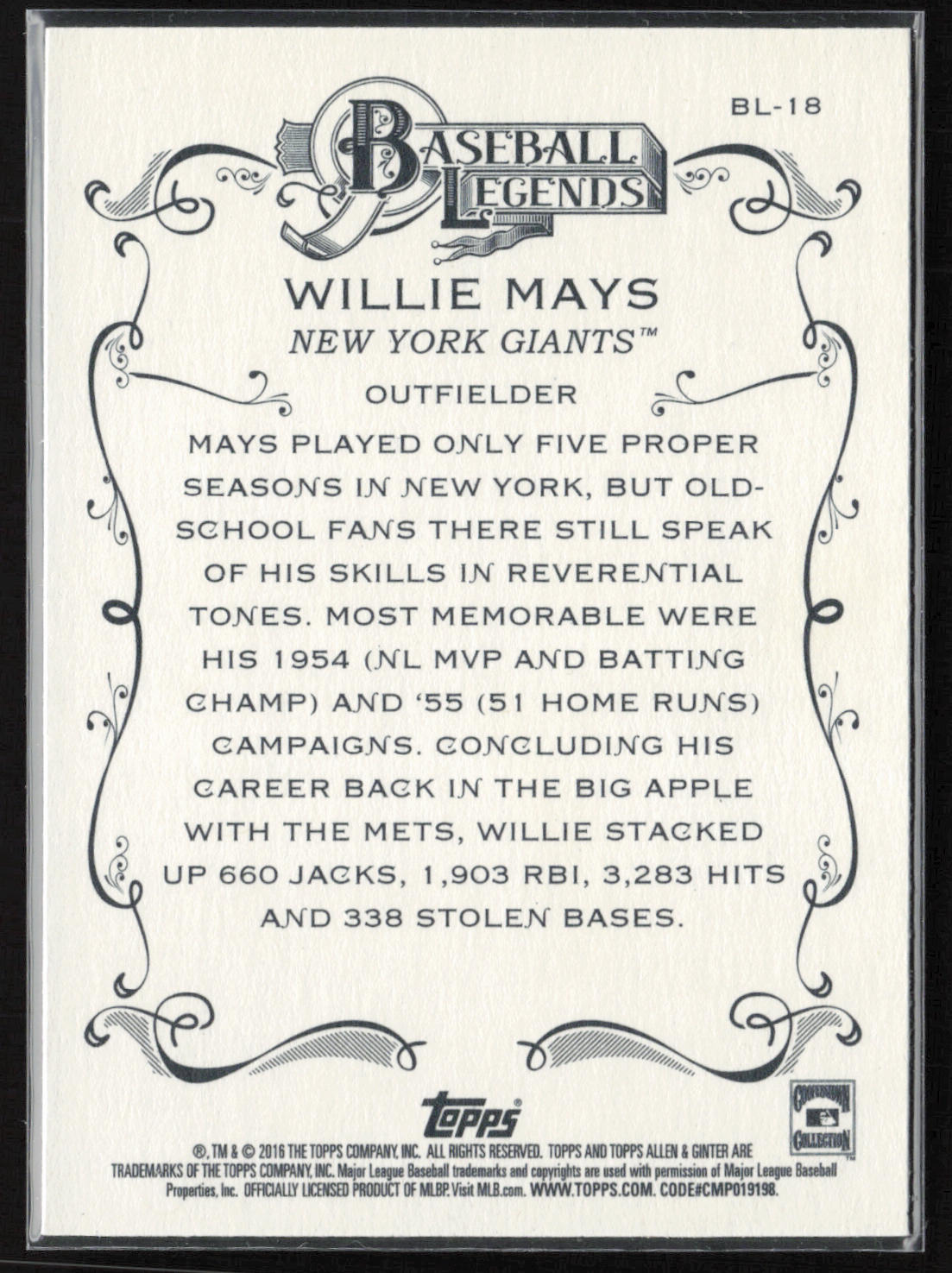 2016 Topps Allen & Ginter #BL-18 Willie Mays Baseball Legends