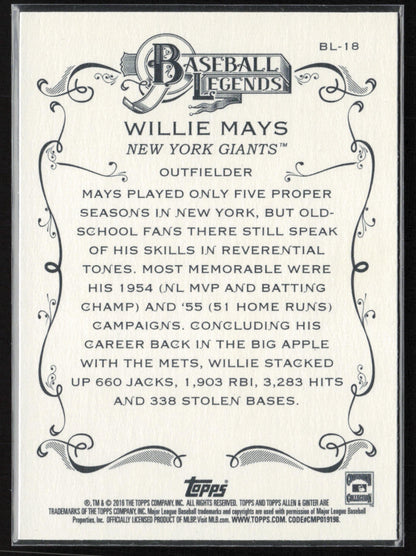 2016 Topps Allen & Ginter #BL-18 Willie Mays Baseball Legends