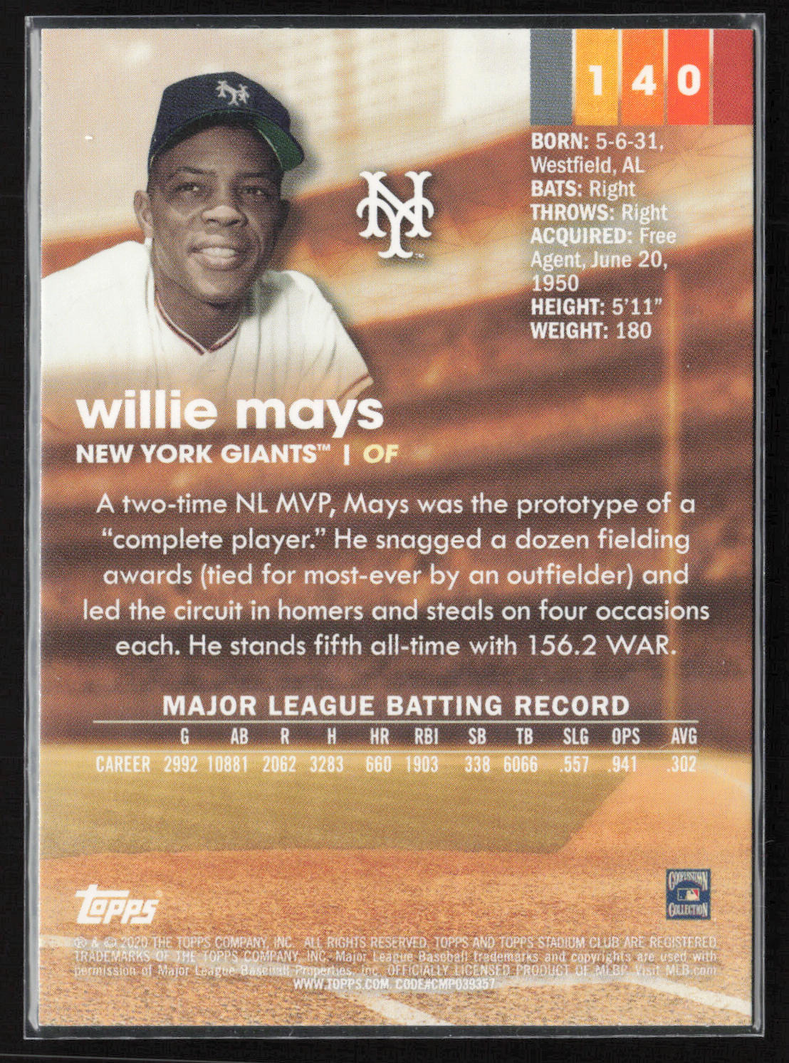 2020 Stadium Club #140 Willie Mays