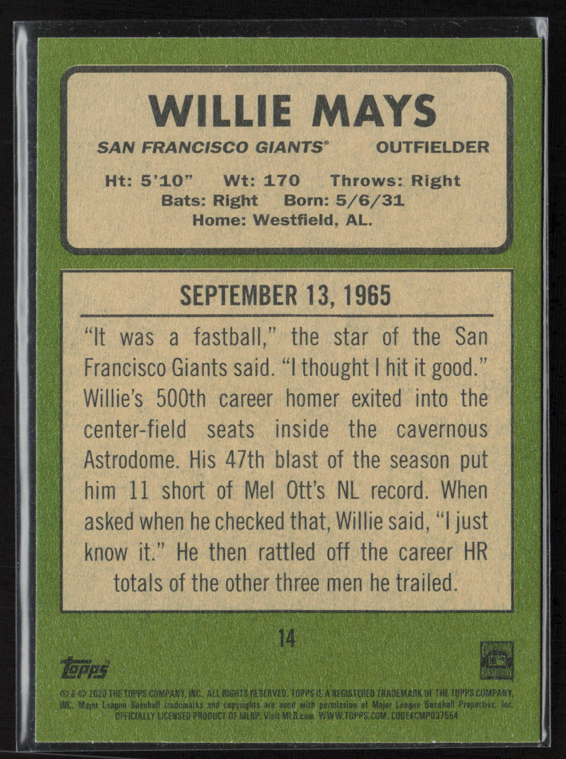 2020 Topps Heritage #14 Willie Mays 20 Giants Seasons
