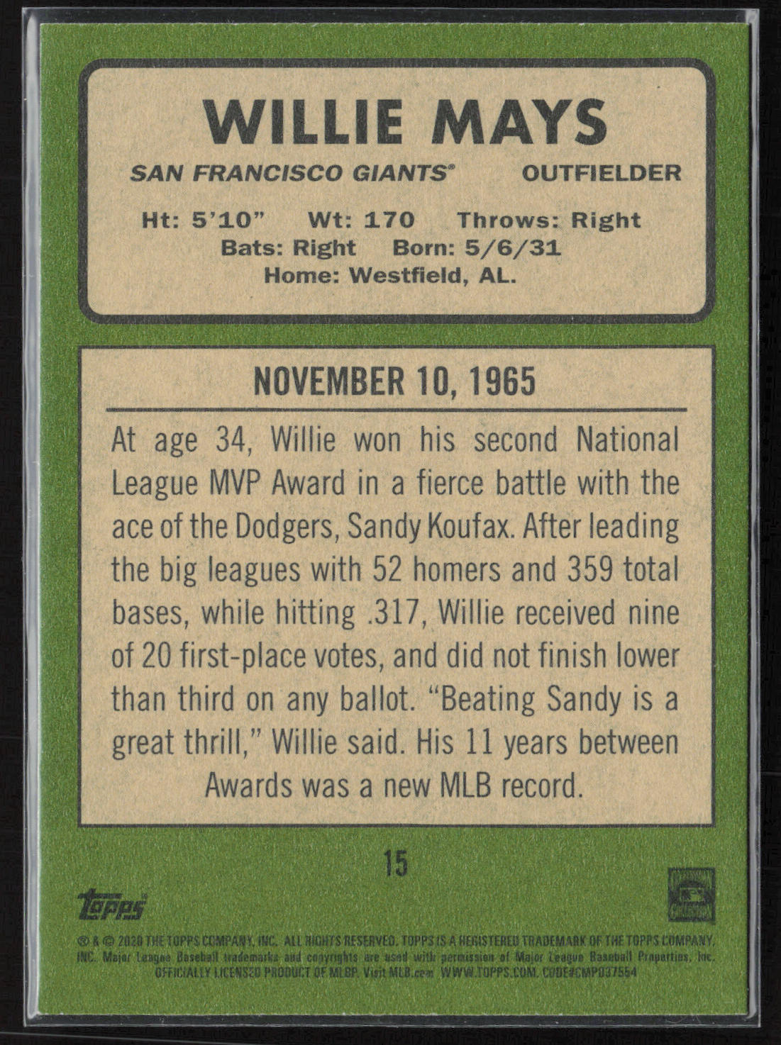 2020 Topps Heritage #15 Willie Mays 20 Giants Seasons