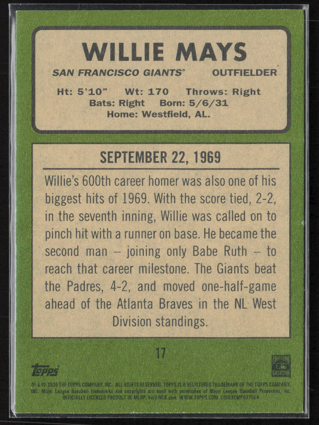 2020 Topps Heritage #17 Willie Mays 20 Giants Seasons