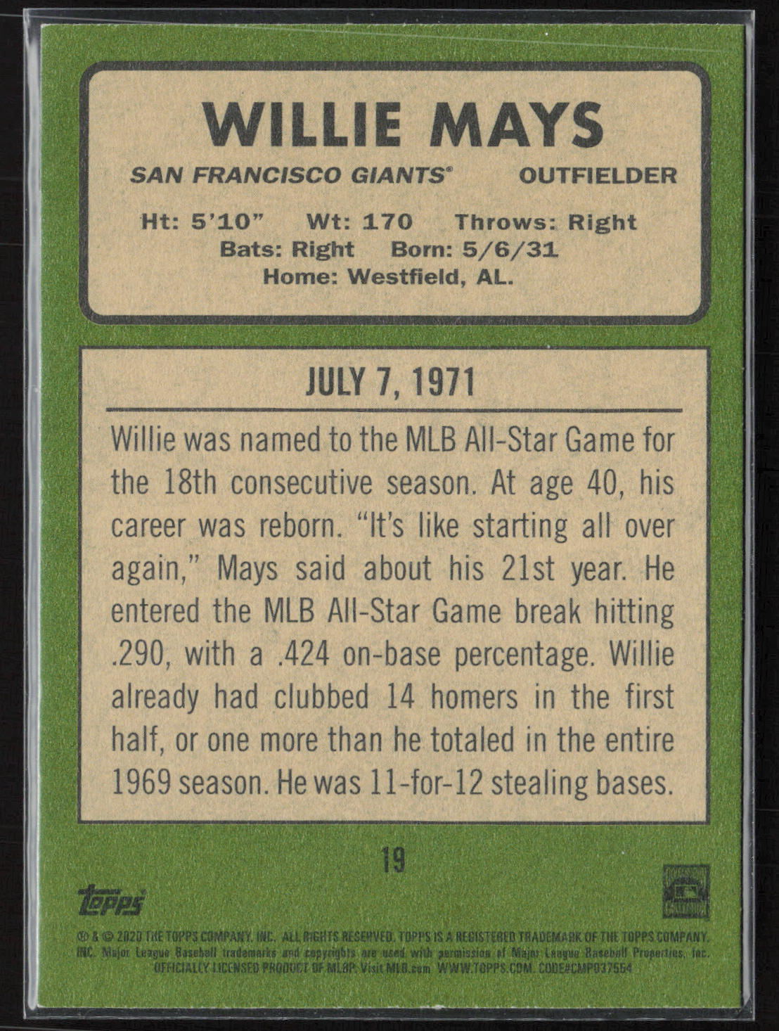 2020 Topps Heritage #19 Willie Mays 20 Giants Seasons
