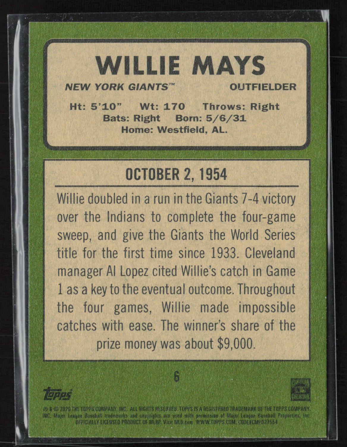 2020 Topps Heritage #6 Willie Mays 20 Giants Seasons