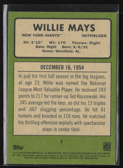 2020 Topps Heritage #4 Willie Mays 20 Giants Seasons