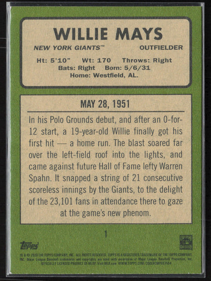 2020 Topps Heritage #1 Willie Mays 20 Giants Seasons