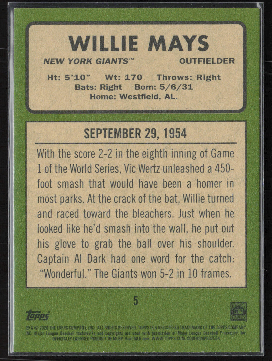 2020 Topps Heritage #5 Willie Mays 20 Giants Seasons