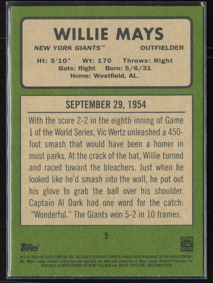 2020 Topps Heritage #5 Willie Mays 20 Giants Seasons