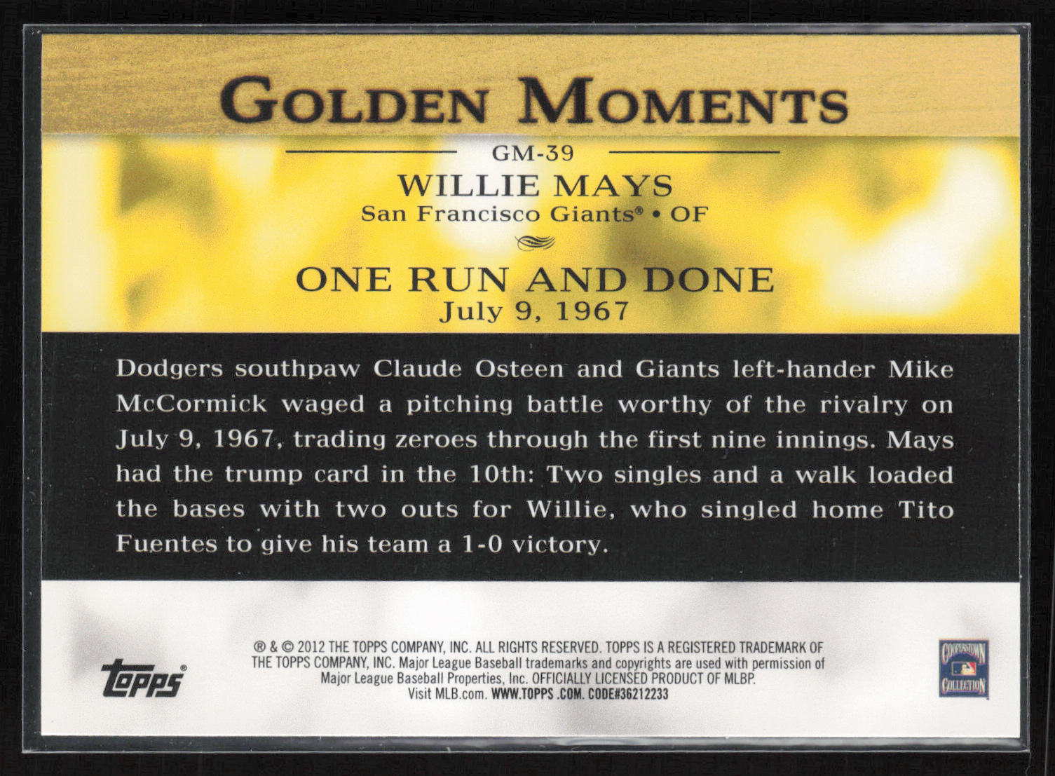 2012 Topps #GM-39 Willie Mays Golden Moments (Series 2)