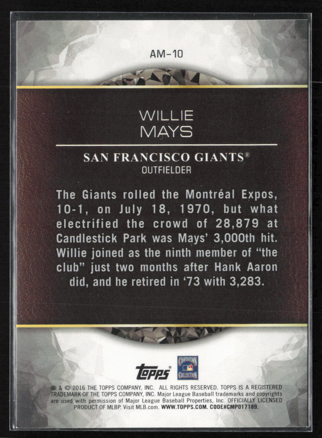 2016 Topps #AM-10 Willie Mays Amazing Milestones