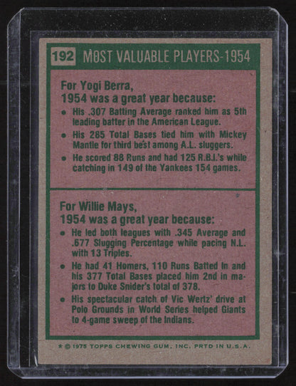 1975 Topps #192 1954 MVPs (Yogi Berra / Willie Mays)