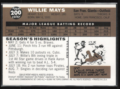 Topps Finest #12 Willie Mays Commemorative Set 1960 Reprint