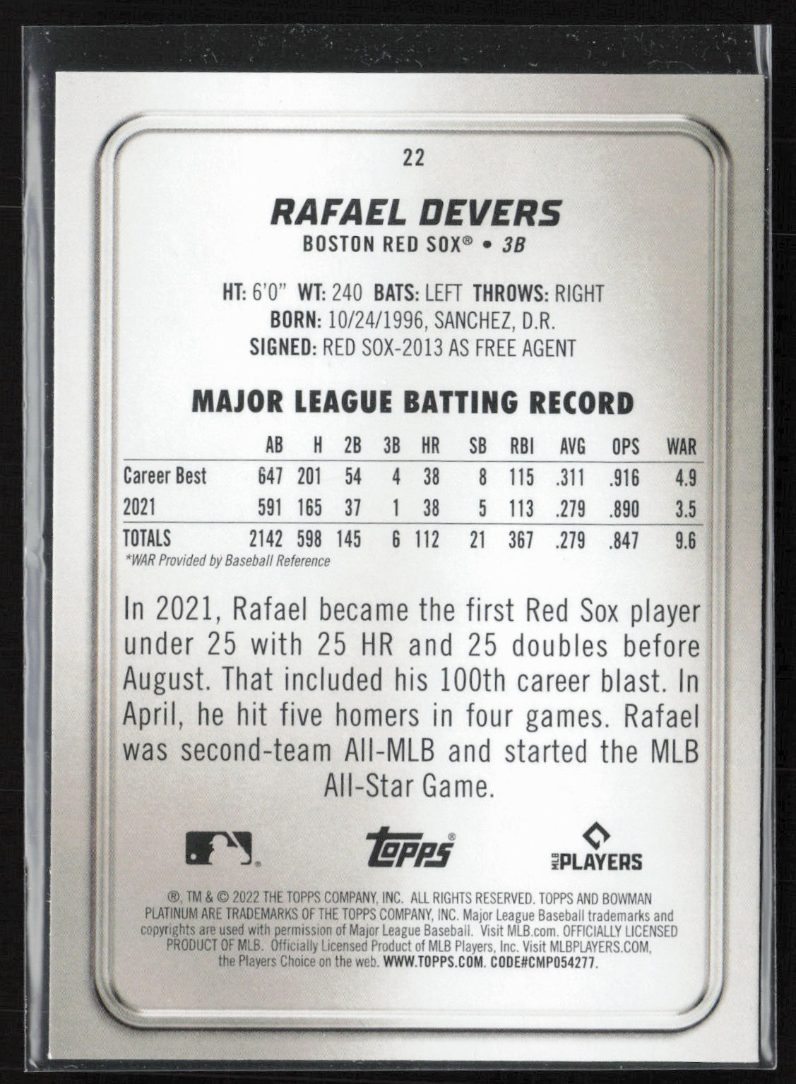 2022 Bowman Platinum #22 Rafael Devers