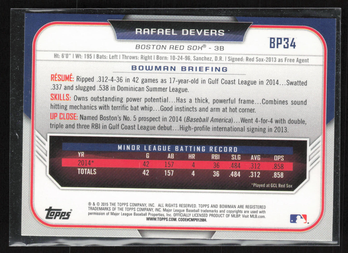 2015 Bowman #BP34 Rafael Devers Prospects