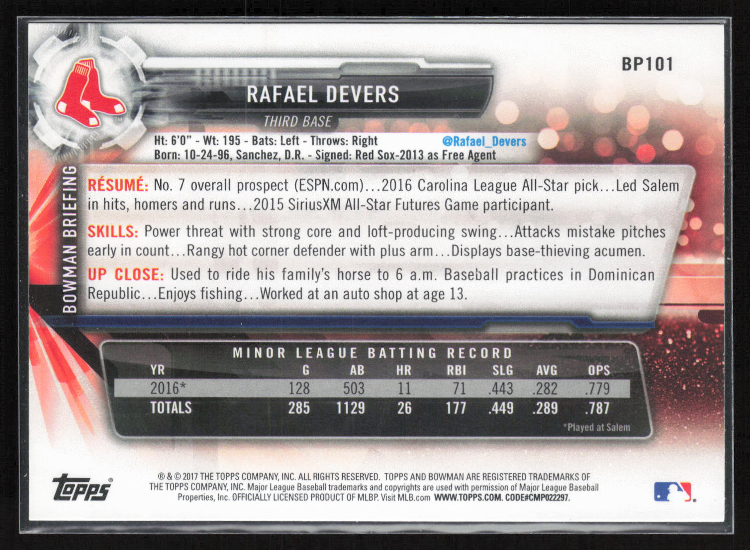 2017 Bowman #BP101 Rafael Devers Prospects
