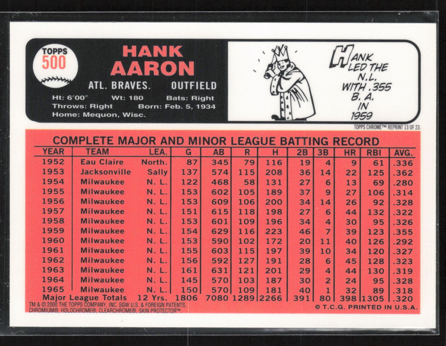 2000 Topps #13 Hank Aaron Hank Aaron Chrome