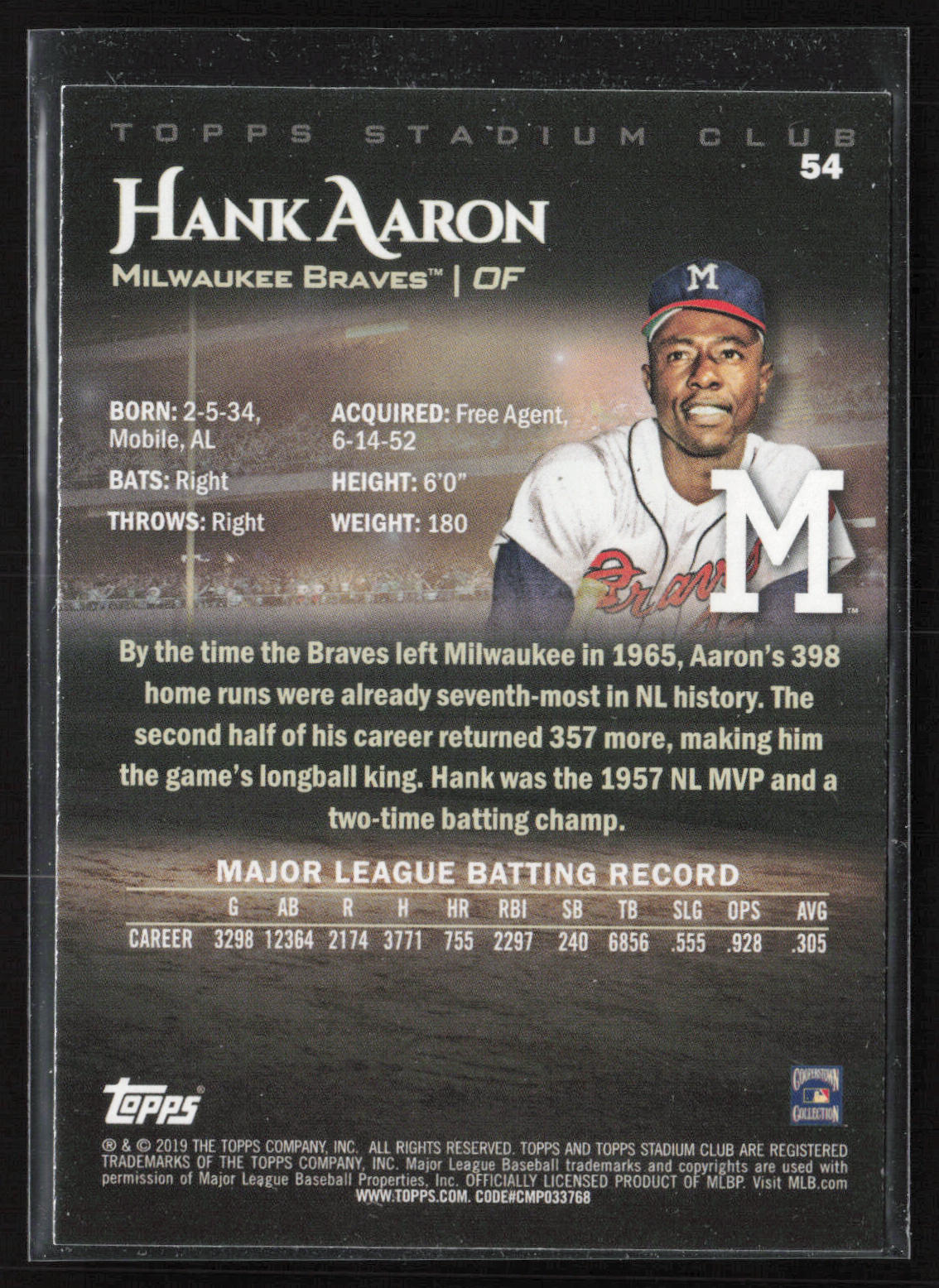 2019 Stadium Club #54 Hank Aaron Red Foil
