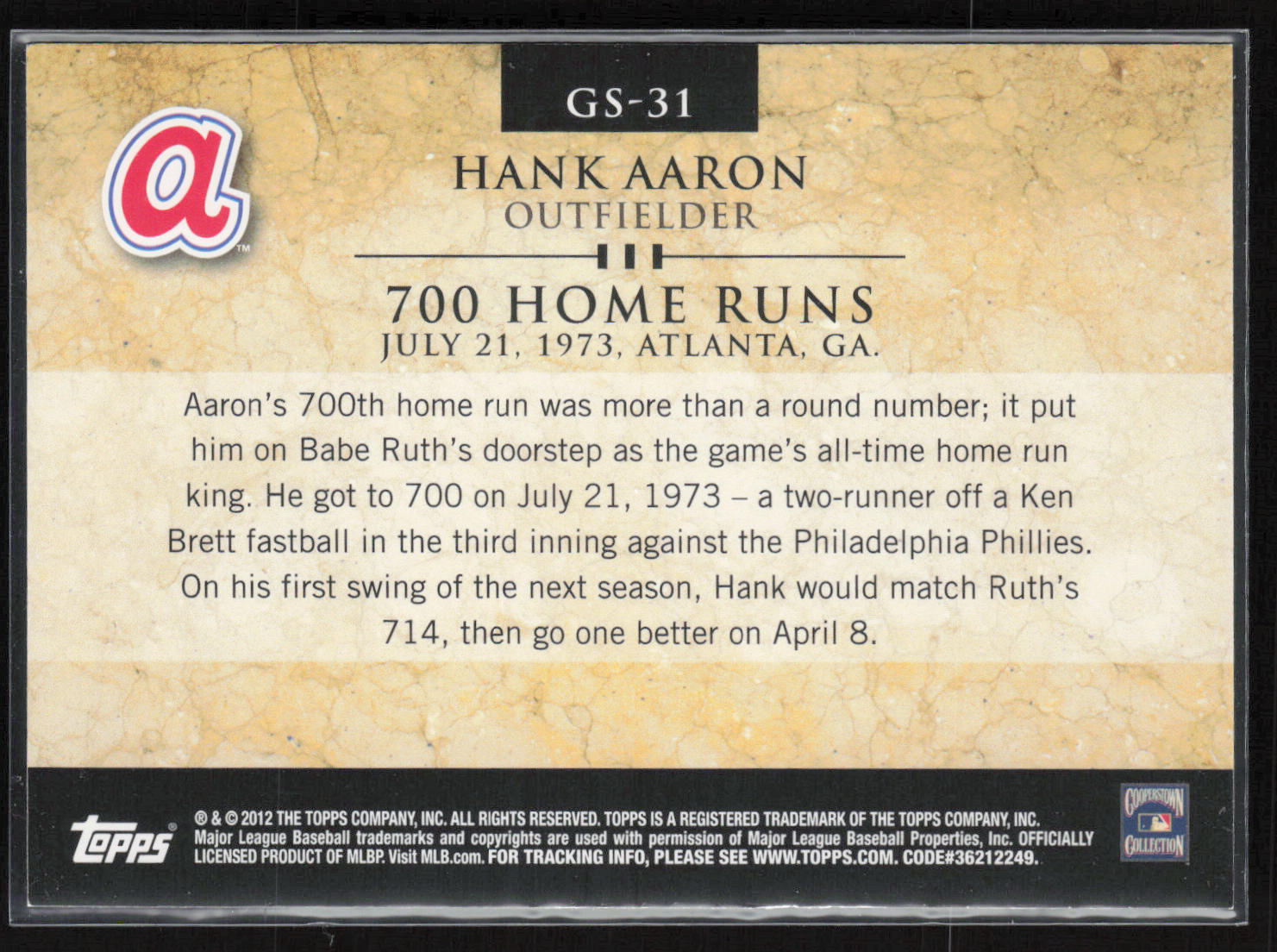 2012 Topps #GS-31 Hank Aaron Gold Standard