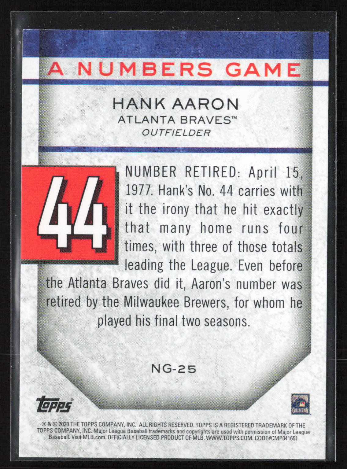 2020 Topps Update #NG-25 Hank Aaron A Numbers Game
