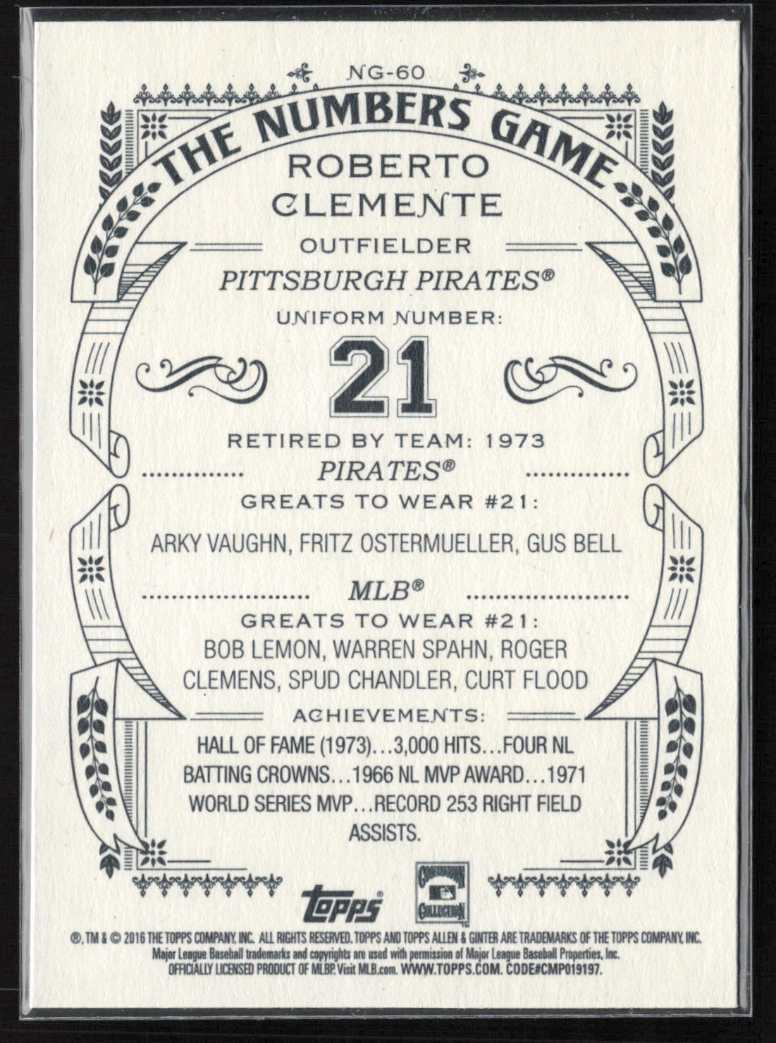2016 Topps Allen & Ginter #NG-60 Roberto Clemente The Numbers Game