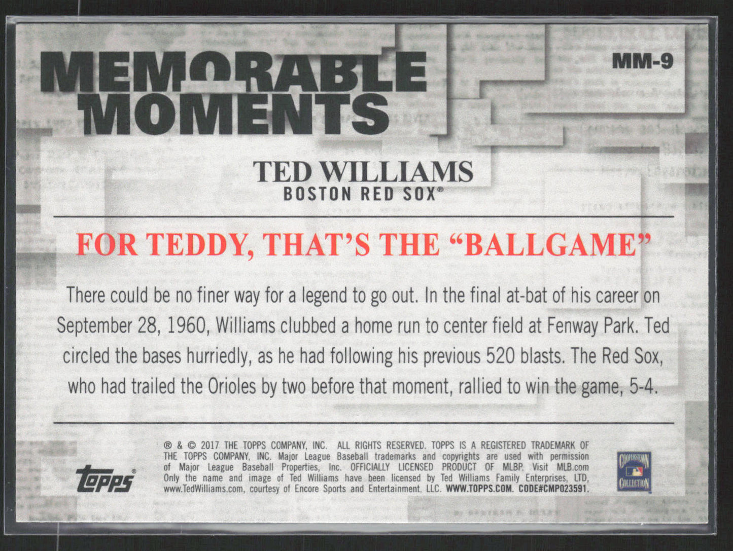 2017 Topps #MM-9 Ted Williams Memorable Moments