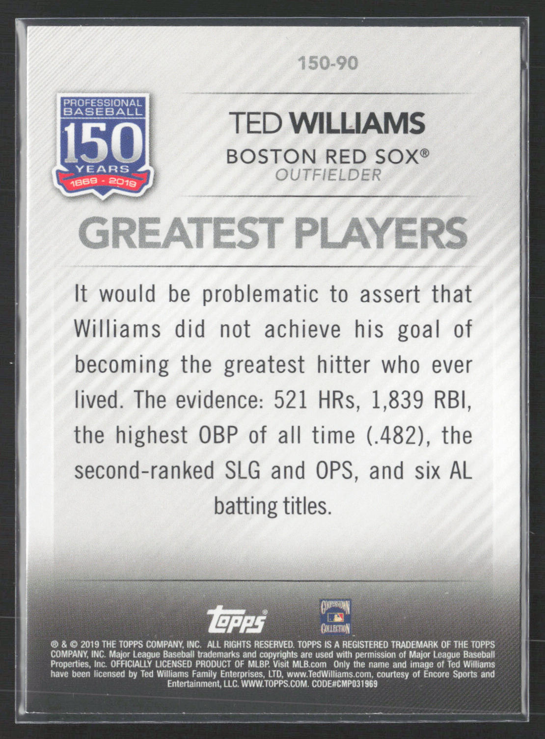 2019 Topps #150-90 Ted Williams 150 Years of Professional Baseball