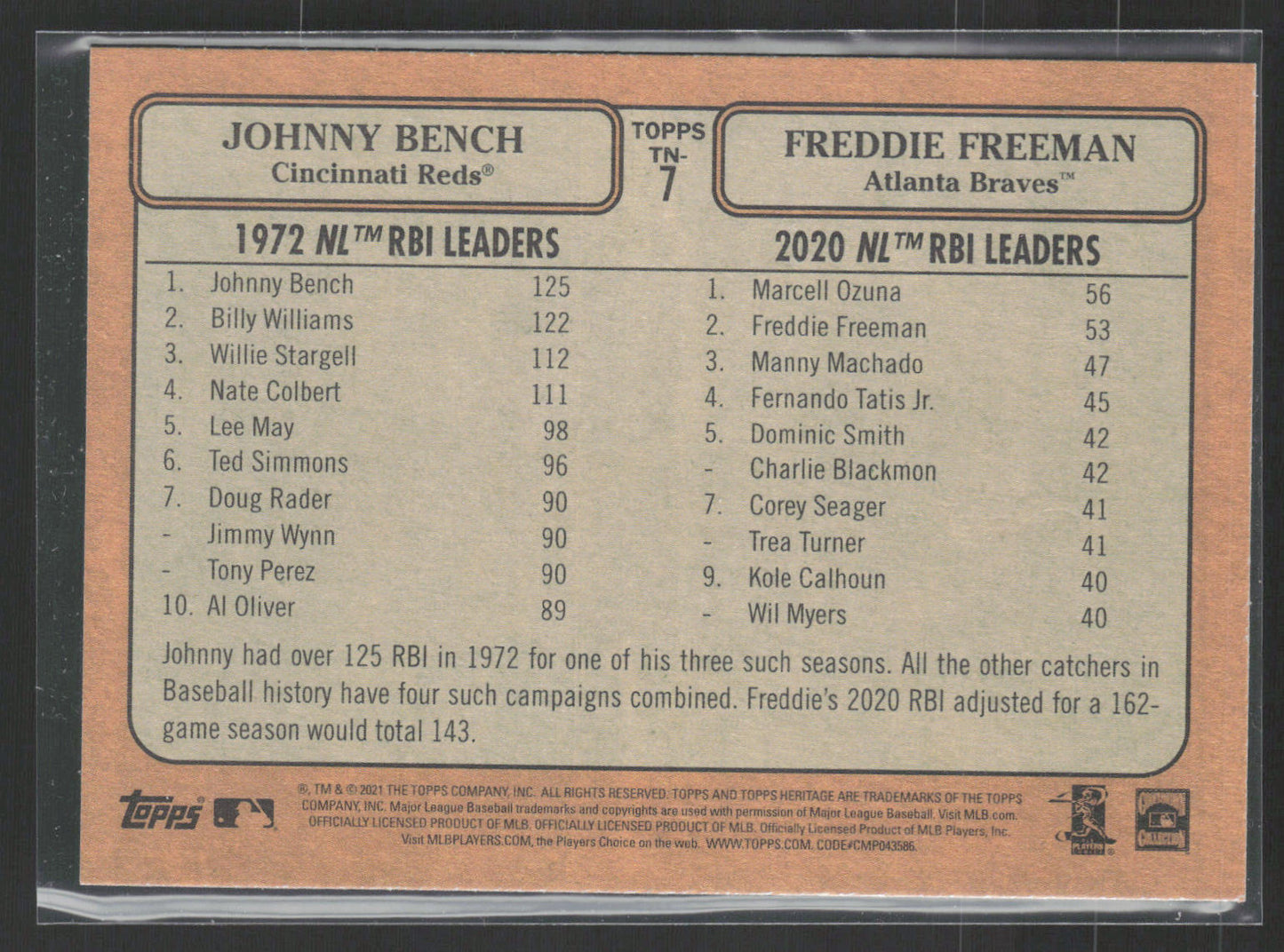 2021 Topps Heritage #TN-7 Johnny Bench / Freddie Freeman Then and Now