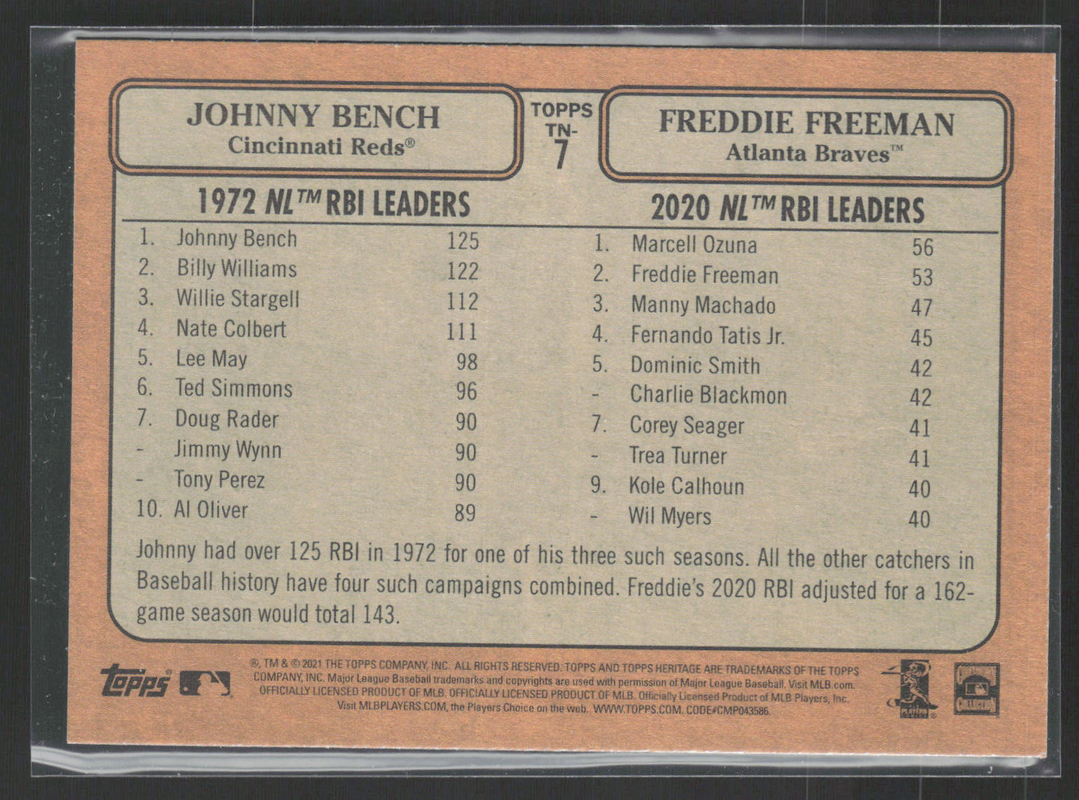 2021 Topps Heritage #TN-7 Johnny Bench / Freddie Freeman Then and Now