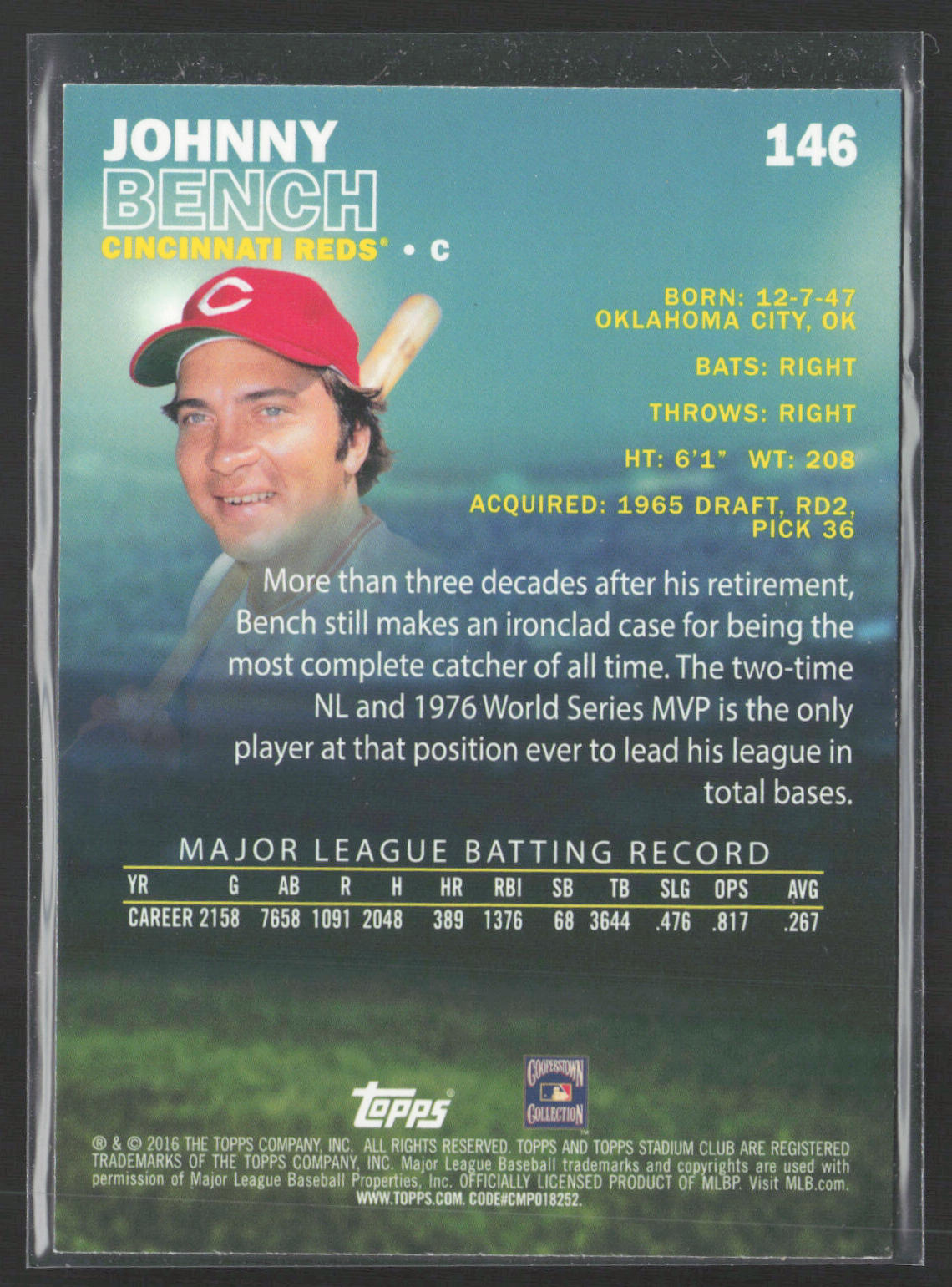 2016 Stadium Club #146 Johnny Bench Gold Foil