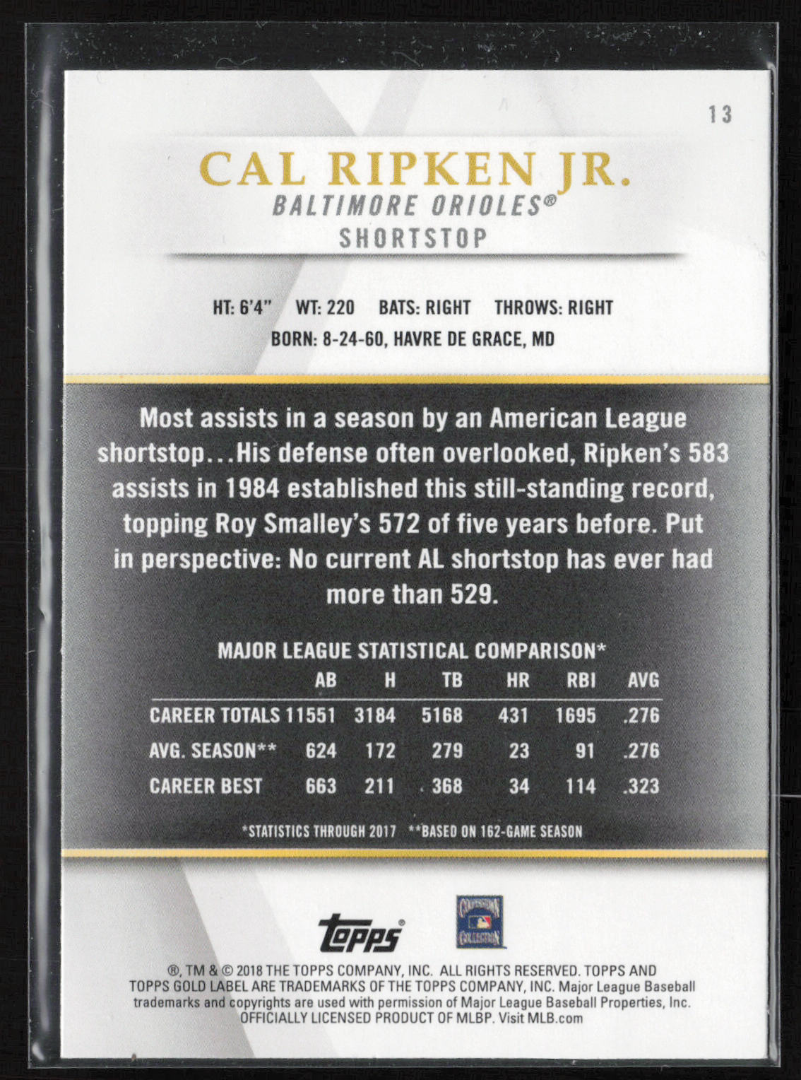 2018 Topps Gold Label #13 Cal Ripken Jr. Class 2
