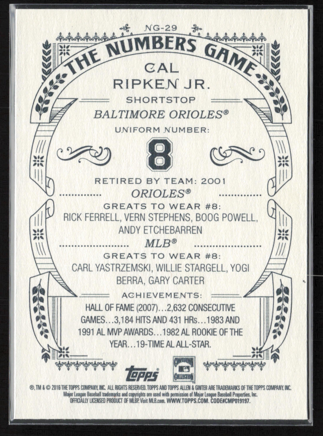 2016 Topps Allen & Ginter #NG-29 Cal Ripken Jr. The Numbers Game