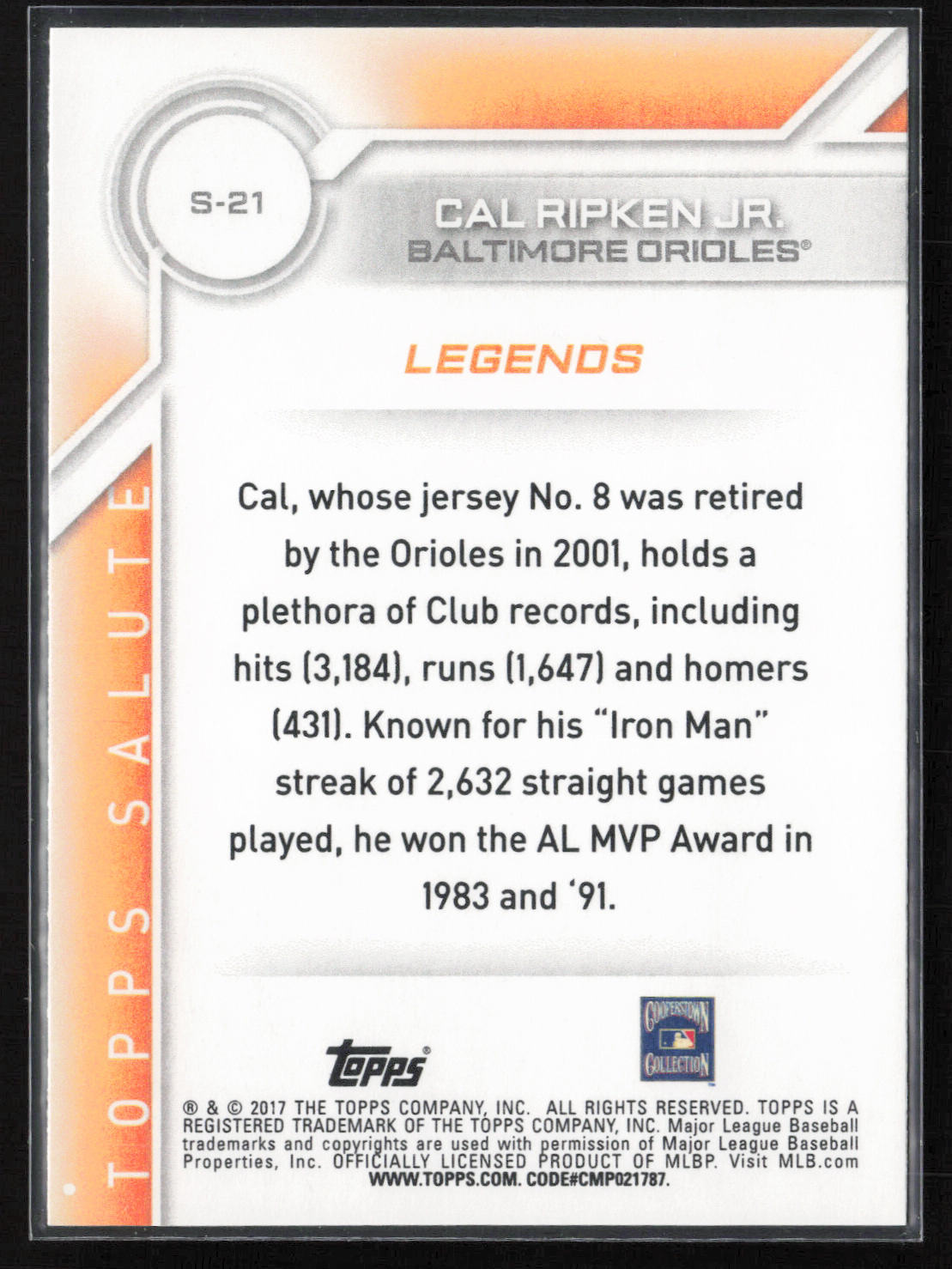 2017 Topps #S-21 Cal Ripken Jr. Salute