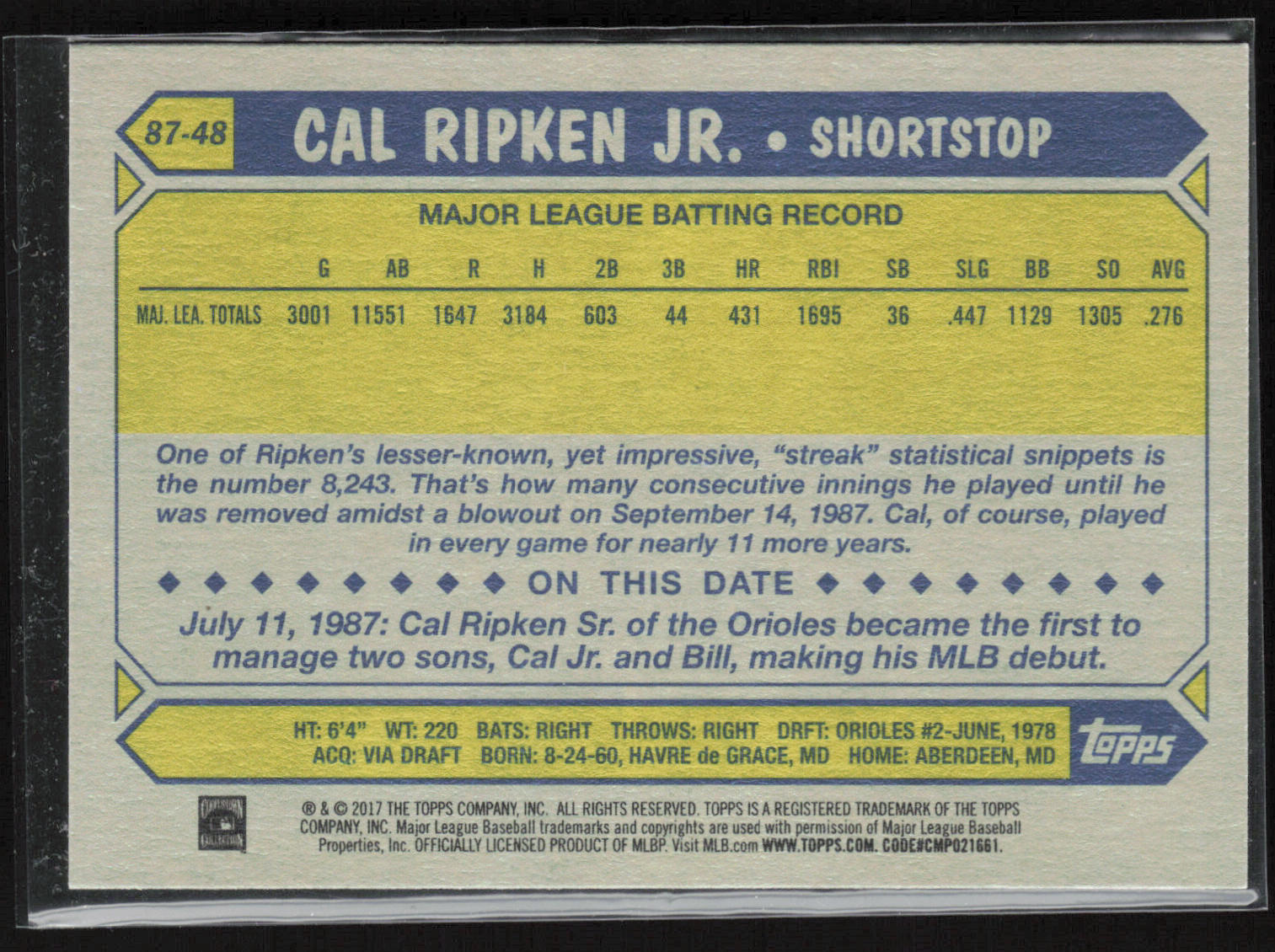 2017 Topps #87-48 Cal Ripken Jr. 1987 Topps Baseball 30th Anniversary