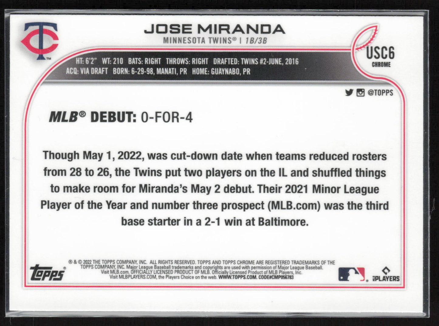 2022 Topps Chrome Update #USC6 Jose Miranda