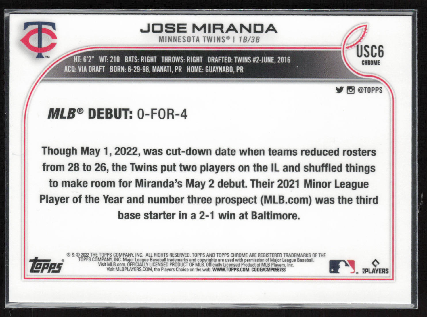 2022 Topps Chrome Update #USC6 Jose Miranda
