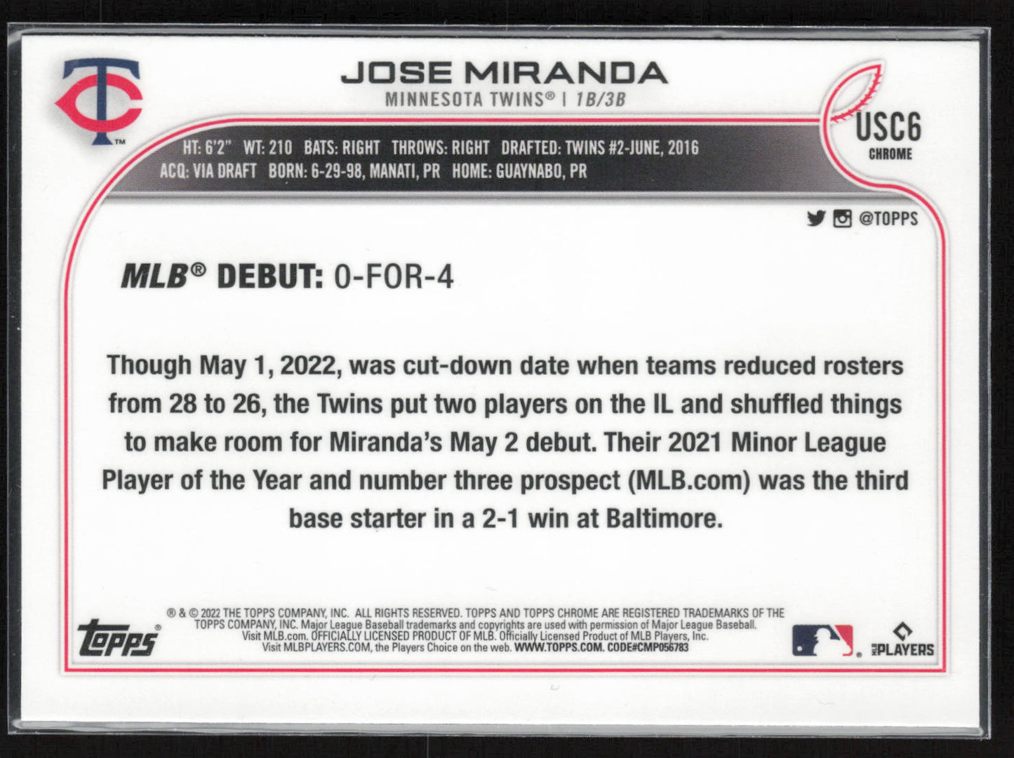 2022 Topps Chrome Update #USC6 Jose Miranda