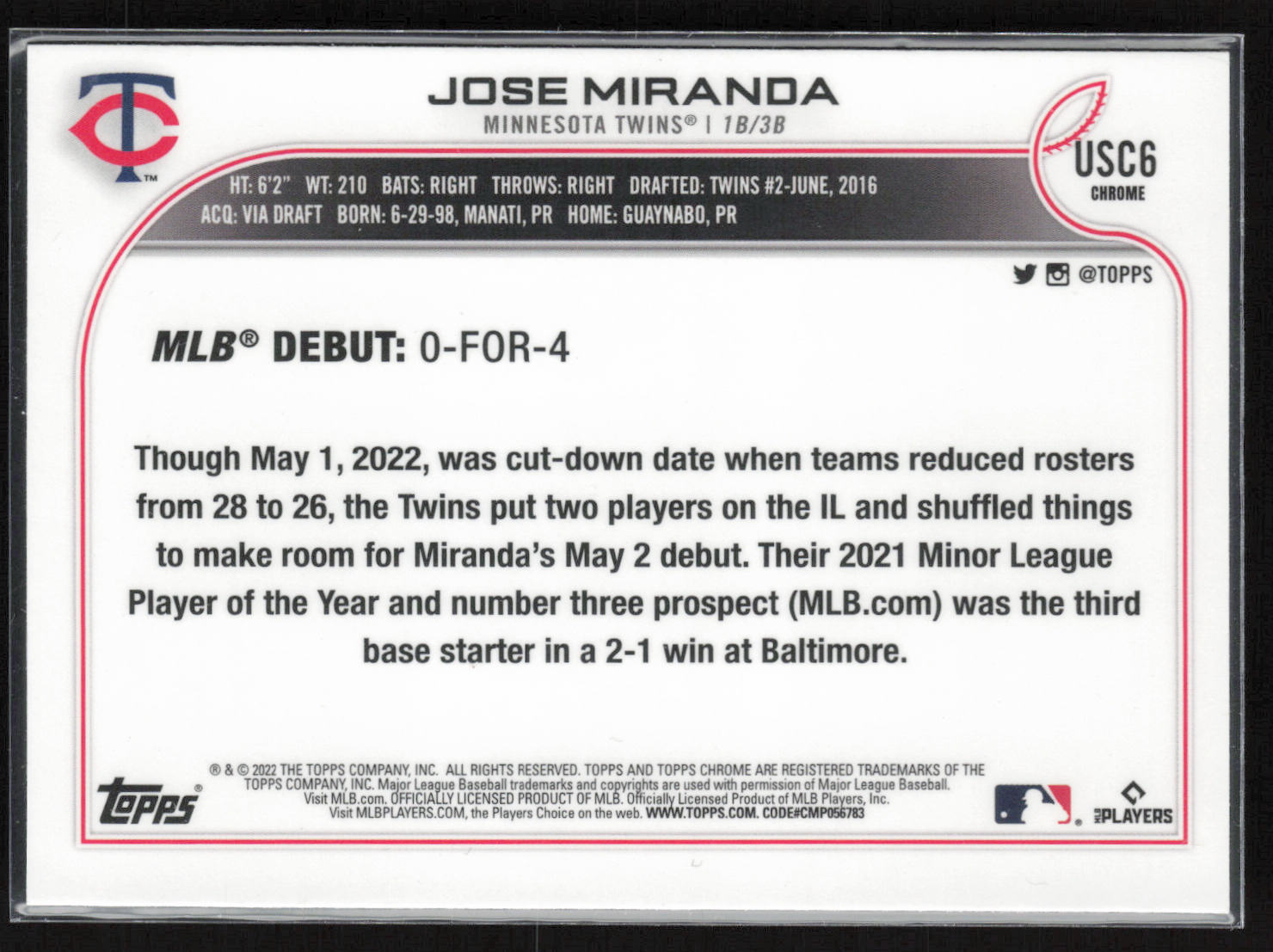 2022 Topps Chrome Update #USC6 Jose Miranda