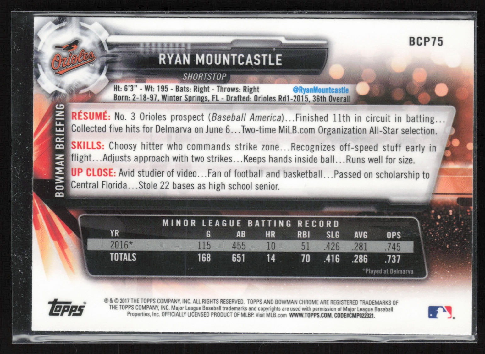 2017 Bowman #BCP75 Ryan Mountcastle Chrome Prospects