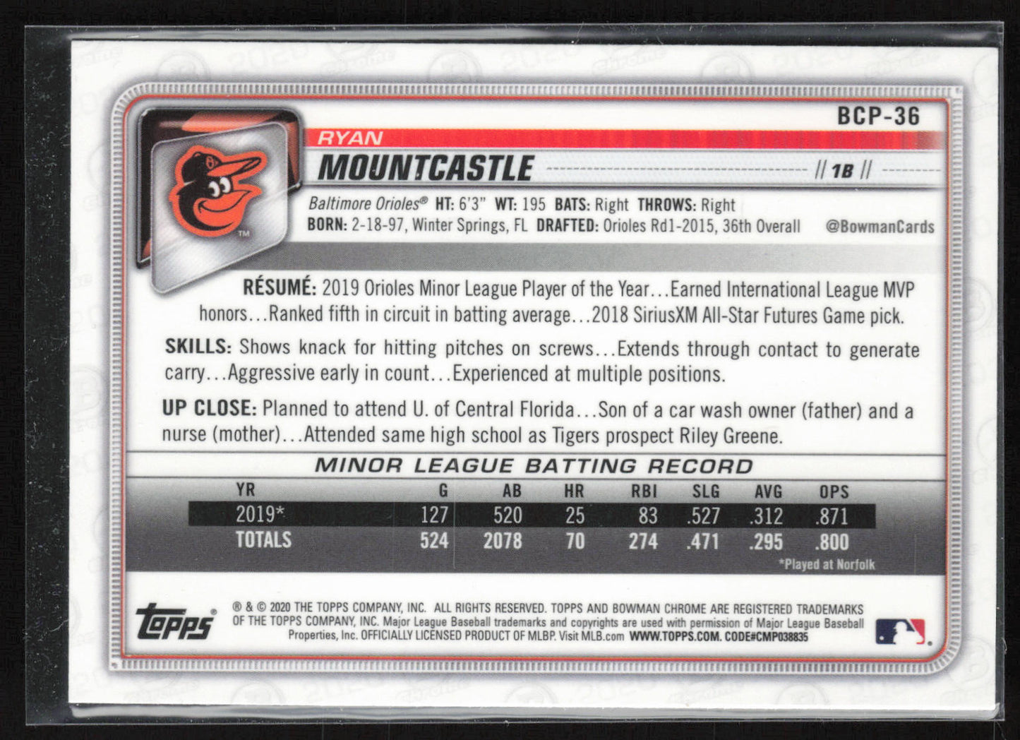 2020 Bowman #BCP-36 Ryan Mountcastle Chrome Prospects Mojo Refractor