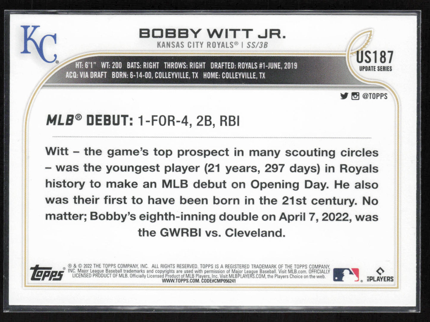 2022 Topps Update #US187 Bobby Witt Jr.