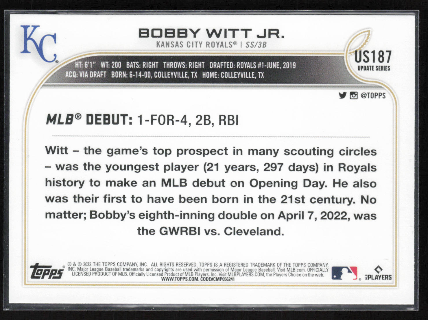 2022 Topps Update #US187 Bobby Witt Jr.