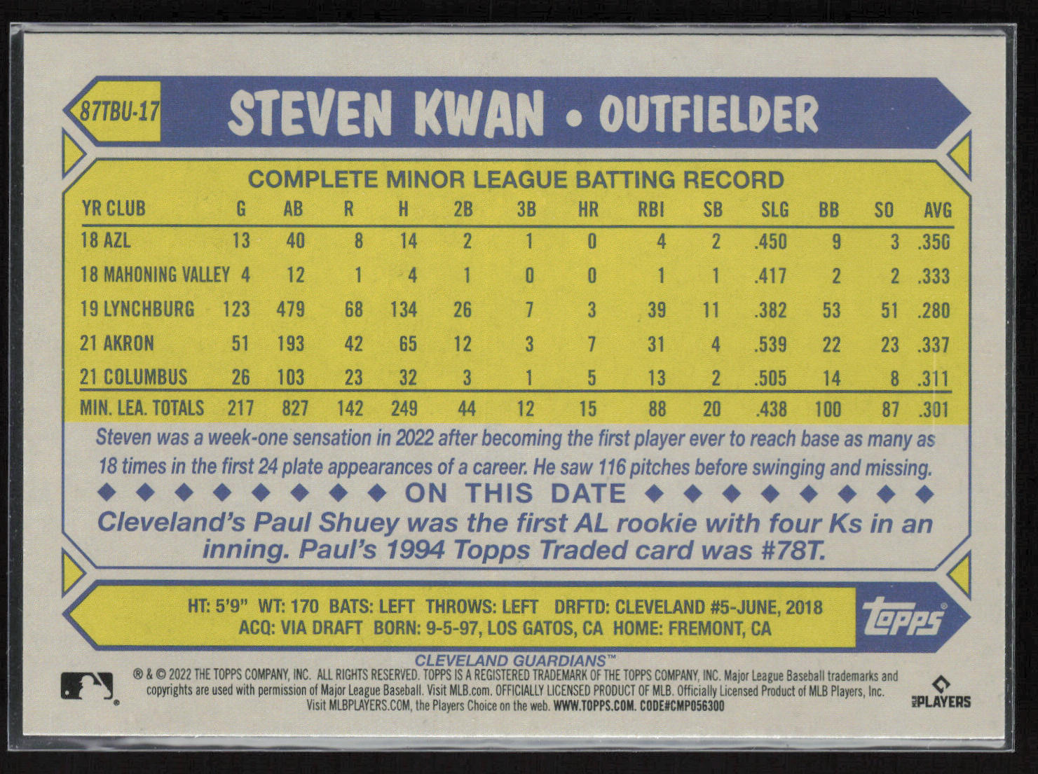 2022 Topps Update #87TBU-17 Steven Kwan 1987 Topps Baseball 35th Anniversary