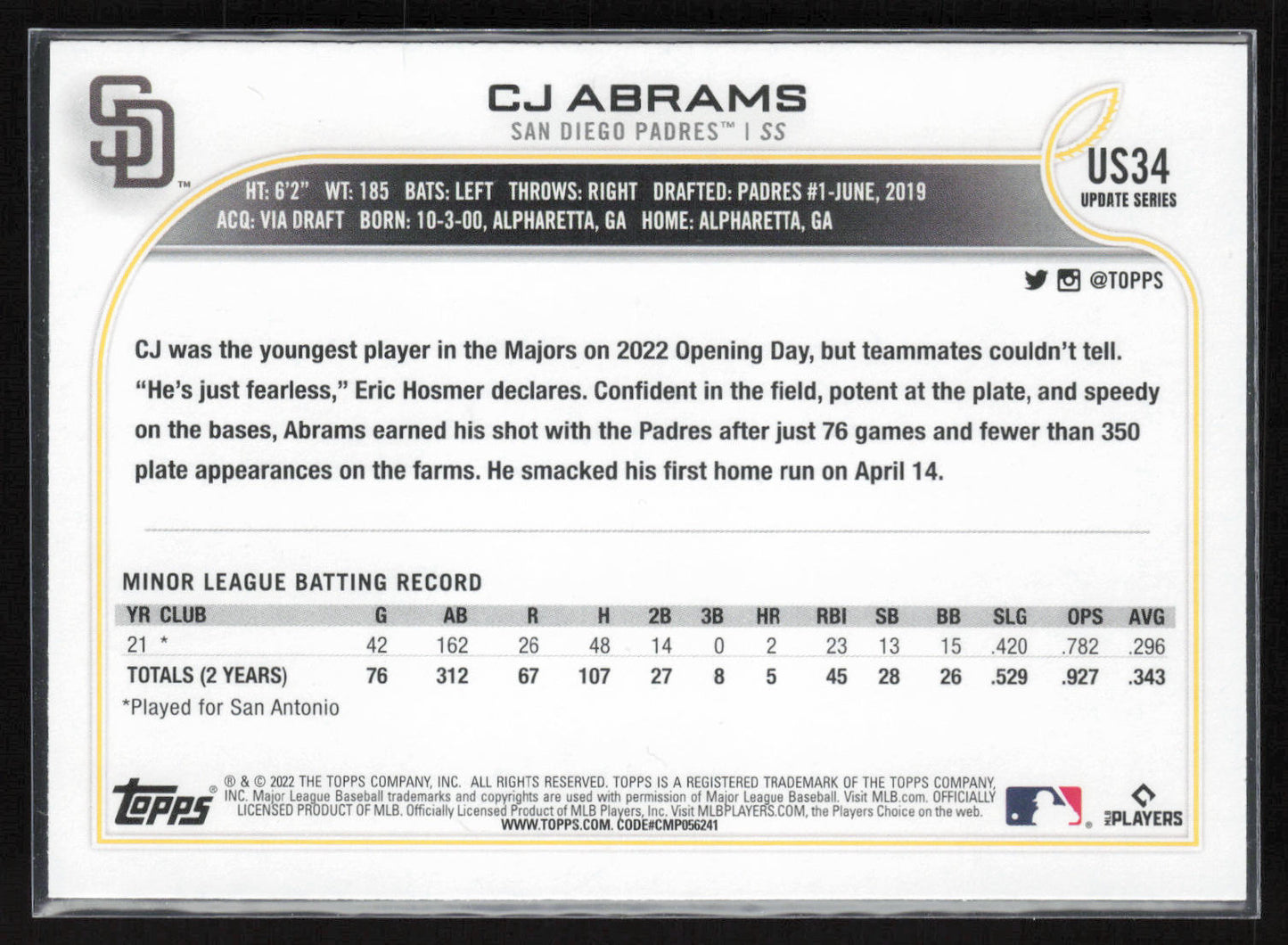 2022 Topps Update #US34 CJ Abrams