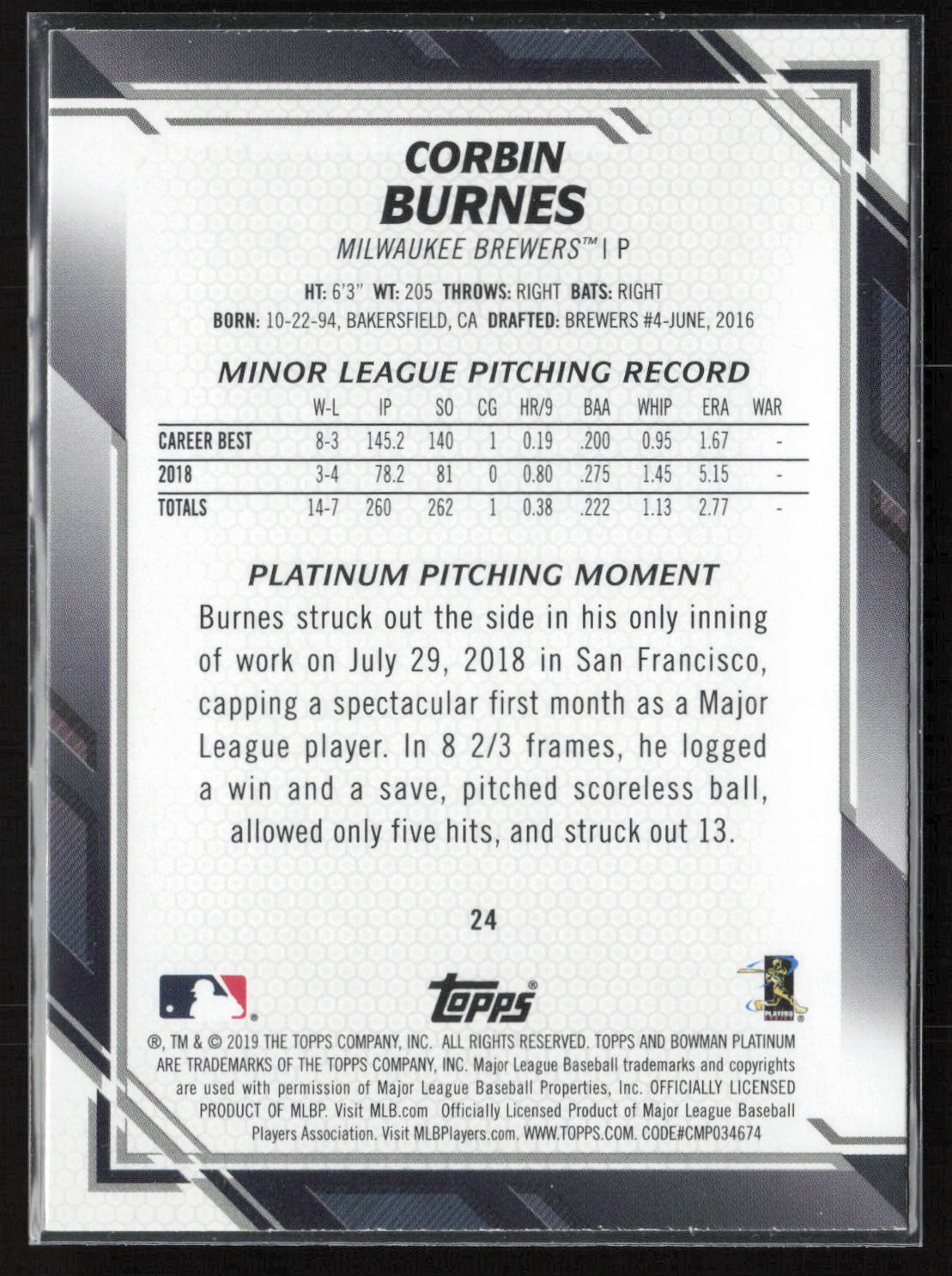 2019 Bowman Platinum #24 Corbin Burnes