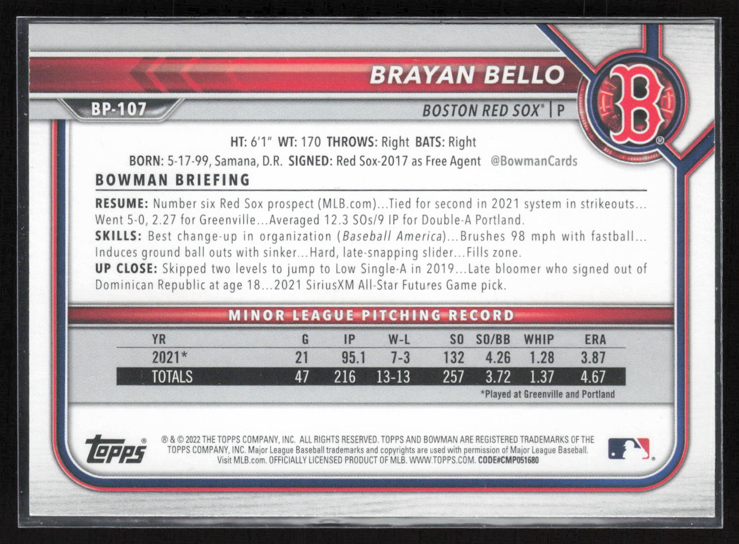 2022 Bowman 1st Edition #BPPF-107 Brayan Bello