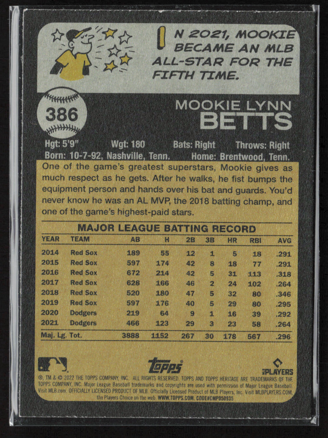 2022 Topps Heritage #386 Mookie Betts Chrome Purple Refractor