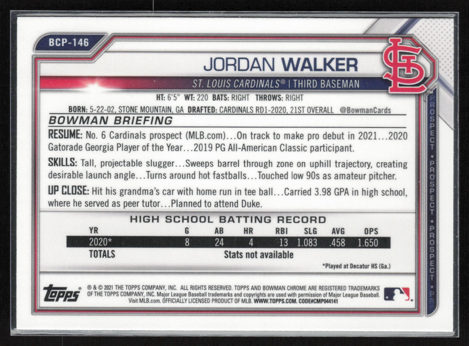 2021 Bowman #BCP-146 Jordan Walker Chrome Prospects